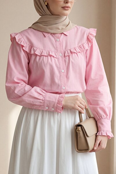 Modamorfo Κοντό πουκάμισο με βολάν και κουμπιά - ροζ