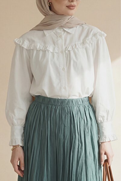 Modamorfo Ruffle Detailed Buttoned Short Shirt -White