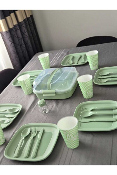 Titiz Plastik 6 KİŞİLİK 32 PARÇA TAM DONANIMLI PİKNİK SETİ TUZLUK VE TAŞIMA KAPLI KAMP SETİ PİKNİK SETİ