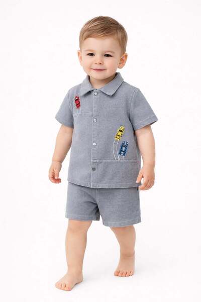 dinamik çocuk Baby Boy Car Embroidered Denim Look 2-Piece Summer Top and Bott...