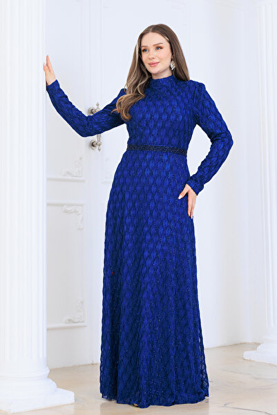 AHUNUR Tesettürde Mutluluk Lina Hijab Evening Dress with Lace Pattern