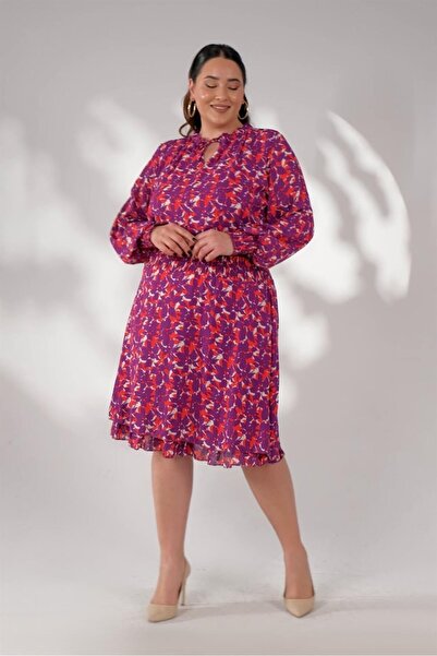 Roxxlen Γυναικείο Φόρεμα Μεγάλου Μεγέθους με Λεπτομέρεια Κορδέλας, Μωβ