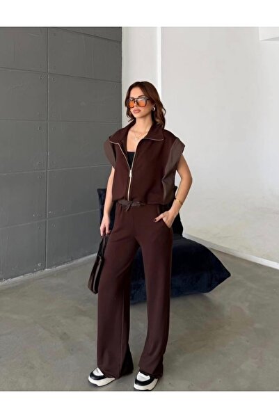 LE CARAMBOLE Γυναικείο Καφέ Σετ με Φερμουάρ Μπροστά και Διακοσμητικό Παραπέντ...