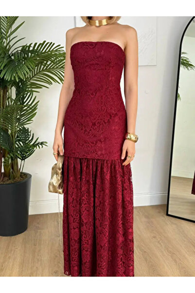 Misscix Κόκκινο στράπλες δαντελένιο φόρεμα σε στενή γραμμή