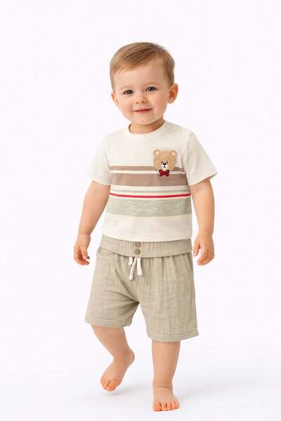 dinamik çocuk Baby Boy Teddy Bear Embroidered Striped T-Shirt - 2-Piece Set w...