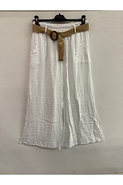 della moor Women's White Italian Woven Belted Elastic Waist Wide Leg Linen Tr...