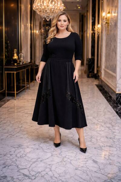 Butik Ayseba Women's Black Sequined Leather Long Bell Elastic Skirt with Sequ...