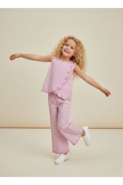 Butik Çizgili Nakışlı 2'li Pembe Beyaz Takım