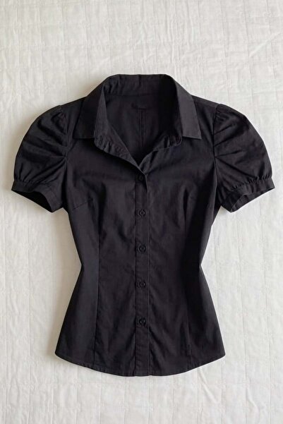 8line Black Vintage Mini Puff Sleeve Goth Y2K Short Sleeve Shirt