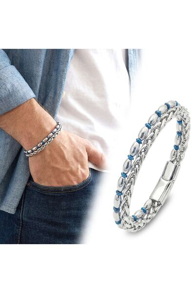 SeyCey.co Çelik Zincirli Gümüş Arpa Ve Mavi Hematit Bileklik 30262B21D4 - 20 cm