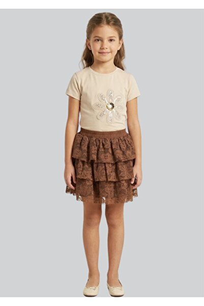 ww waka waka kids store Κοριτσίστικο Σετ με Μπεζ Μπλουζάκι με Κεντημένα Λουλο...