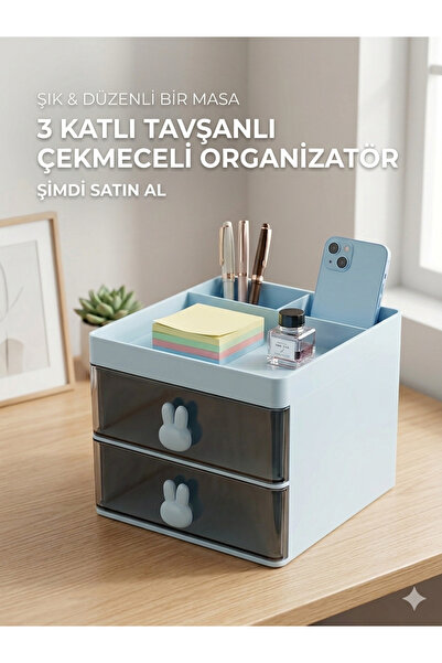 Libra Tavşan Figürlü Çekmeceli Masaüstü Ofis Ve Makyaj Düzenleyici Organizer