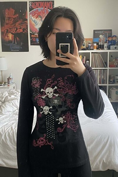 BALİNA Siyah Gothic Skulls Full Body Y2K Uzun Kollu Crop