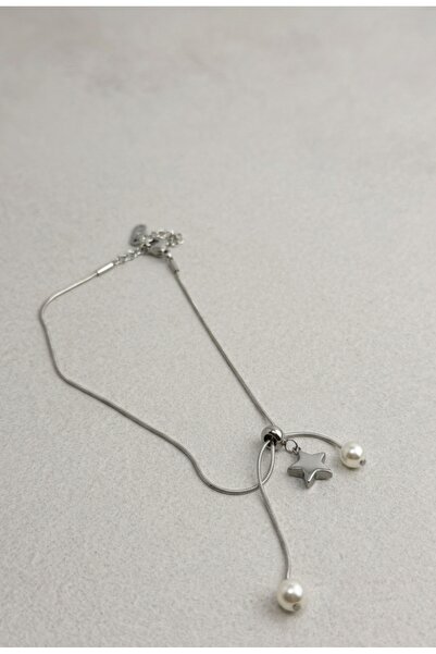 BANEDETTA Silver Color Anklet with Star Charm and Pearl Detail in Stainless Steel