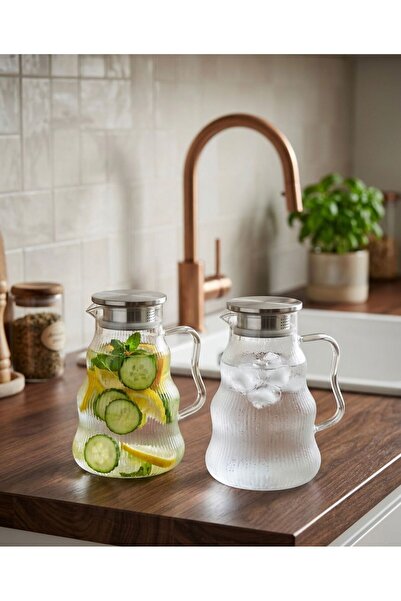Ars Buğra Home 2'Lİ VAKUM KAPAKLI ÇELİK ISIYA DAYANIKLI CAM SÜRAHİ-1600ML-