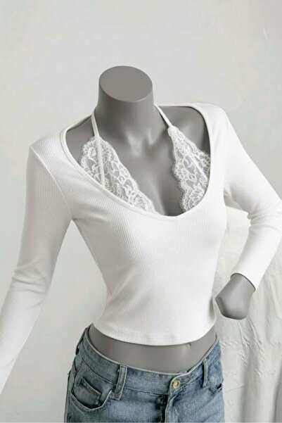 8line White Tie-Dye Lace Attached Gothic Y2K Long Sleeve Crop