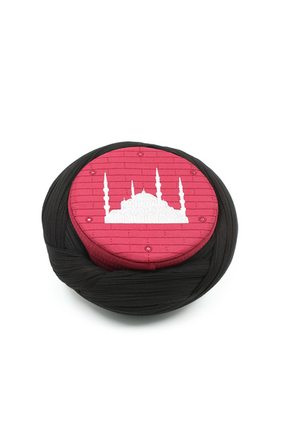 Sarıkhane Cami Sarigy - Black Fabric - Burgundy Headscarf - Crossed Wrap - Ca...