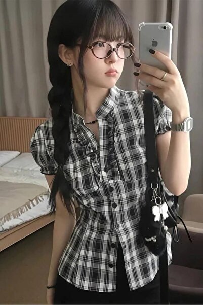 8line Black Plaid Ruffle Detailed Y2K Short Sleeve Shirt