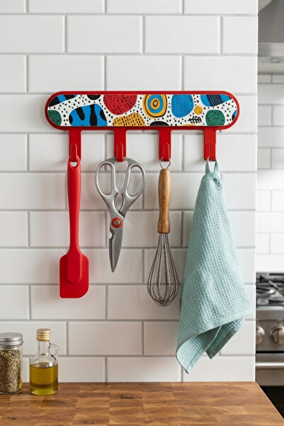 İronika Metal 4 Kancalı Yapışkanlı Desenli Anahtarlık Banyo Mutfak Havlu Askı...