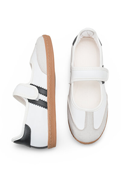 Bak Store Λευκά Μαύρα Αθλητικά Παπούτσια Μπαλαρίνας με Velcro Flat Sole Retro...