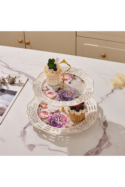 Malooki Διώροφη πορσελάνινη πιατέλα, με vintage floral σχέδιο, στρογγυλή.