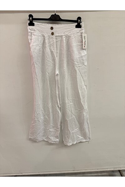 della moor Women's White Italian Elastic Waist Wide Leg Linen Trousers Size 4...
