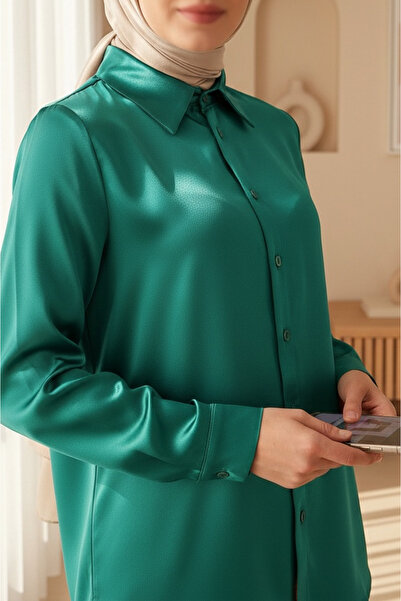 Modamorfo 3964 Ελαφρύ ντραπέ σατέν πουκάμισο - Σκούρο πράσινο