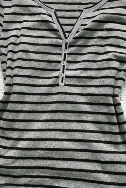 Yukatay Black Gray Striped Buttoned Short Sleeve Crop