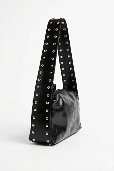 Sellini Silver Staple Detailed Rocker Black Handbag