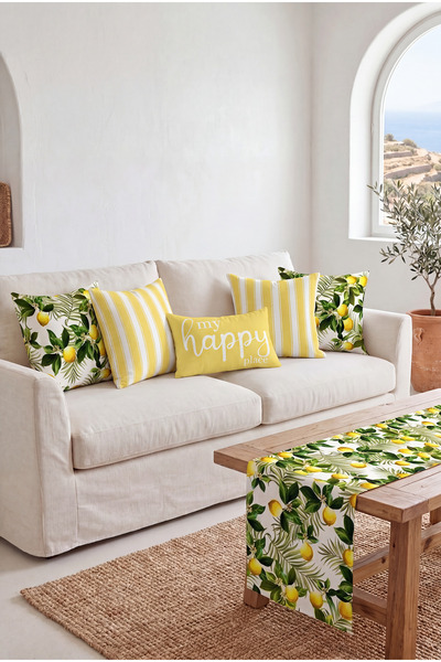 HOMESSA Limon Bahçesi Temalı Dekoratif 5 li Kırlent Kılıfı ve Runner Seti