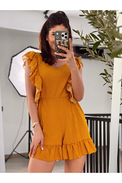 RAMONA BADESCU EXCLUSIVE Γυναικεία κοντή ολόσωμη φόρμα με στάμπα - βολάν, ανο...