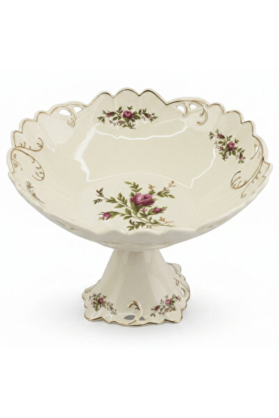 Angela Round Footed Cream Ceramic Fruit Serving Bowl with Floral Design 30×20 cm