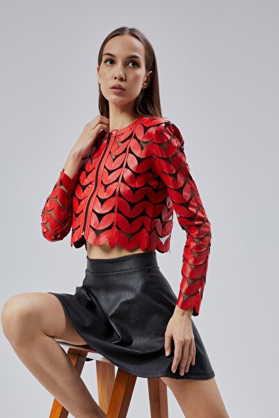 KENDE Dila Leaf Patterned Genuine Leather Women's Crop Jacket
