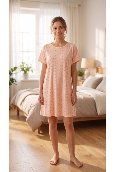 Arvin Pijama Kadın Gülkurusu Renk Lale Baskılı Yumuşak Soft Dokulu Pamuklu Kısa Kollu Pijama Gecelik