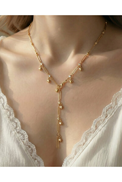 Gleemy accesories Gold Zirkon Taşlı Kalp Detaylı Zarif Y Kolye