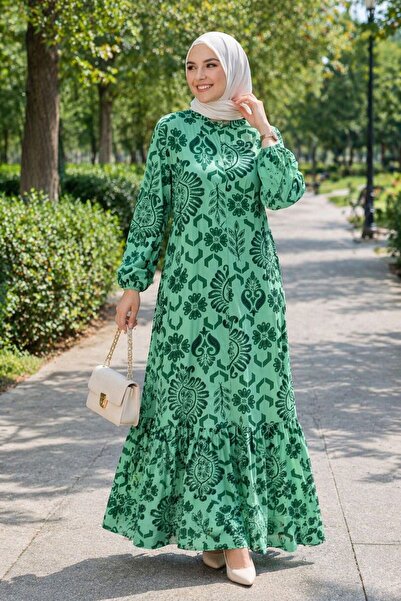 Esra Butik78 Yeşil Desenli Viskon Tesettür Elbise – 140 cm Boy, Rahat Kalıp, ...