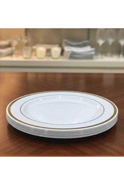Rosymoment 10"Disposable Plastic Plates – Golden Round Border, 48 g, Set of 10