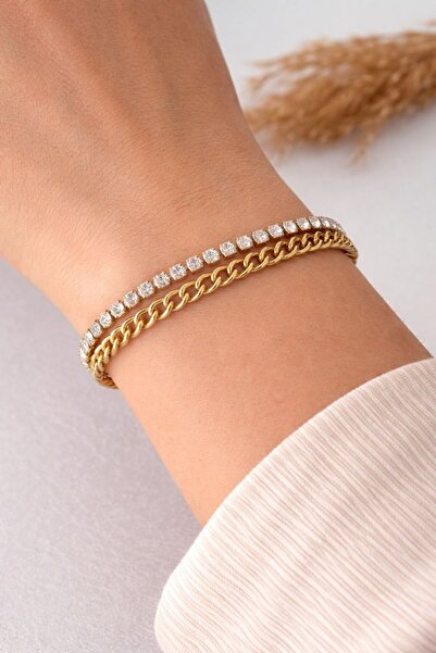 stainless steell سوار من الفولاذ بسلسلة مزينة بالأحجار