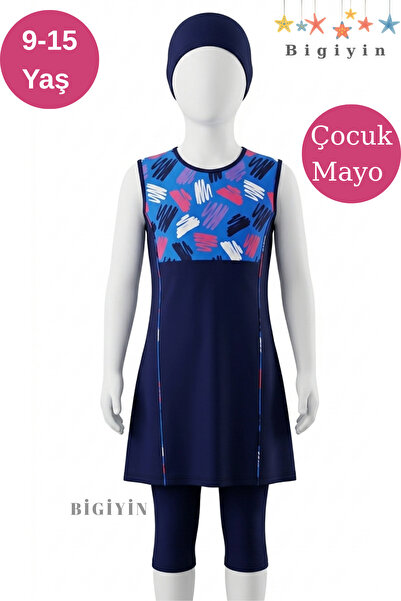 bigiyin Μπλε ναυτικό μαγιό για κορίτσια με κολάν και μπλουζάκι, ημικαλυπτόμεν...