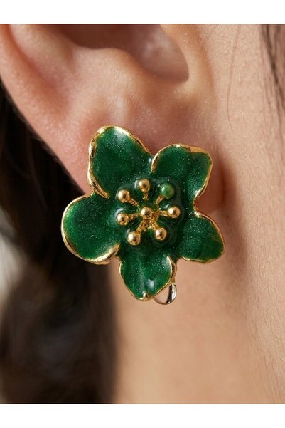 EKİDORA 2-Piece Indigo Green Enameled Earrings Women's Anti-Tarnish Anti-Alle...
