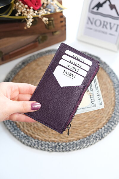 Norvi Leather حامل بطاقات من الجلد الطبيعي بسحاب باللون الأرجواني 1137
