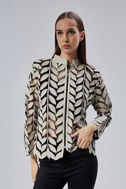 KENDE Daphne Leaf Pattern Genuine Leather Women's Jacket