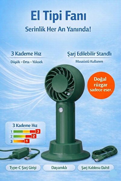 JASPER Taşınabilir Standlı Serinletici Fan 3 Hız Ayarlı , TYP-C Şarjlı Fan Ma...