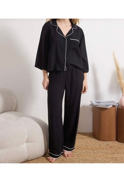 XICCOO Kadın Siyah Şık Pijama Takımı – Rahat Kesim, Kontrast Biyeli Ev Giyim ...
