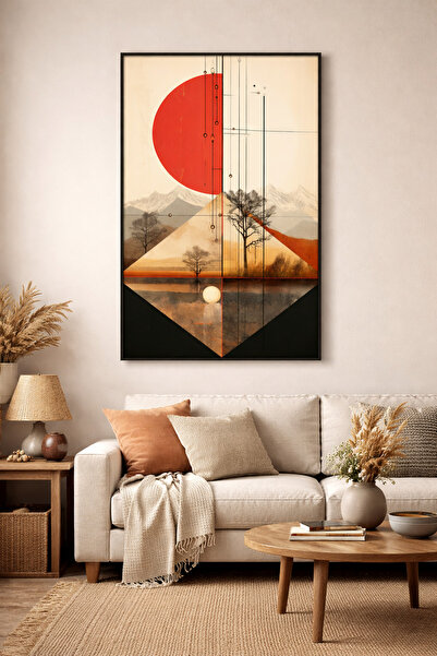 BayDodo Creative Geometrik Japandi Soyut Manzara Kırmızı Güneş Dağ Temalı Min...