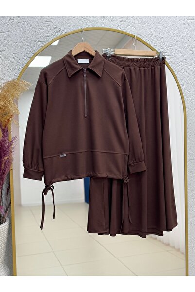 BENAHOLL Σετ φούστας Caminda με μισό φερμουάρ και πλαϊνά κορδόνια-MF1820 Καφέ