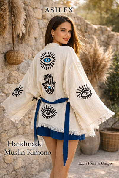 Asilex Home Collection Χειροποίητο σετ σορτς κιμονό από μουσελίνα, με σχέδιο ...