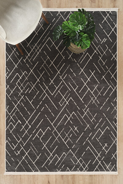CEYLAN TEKSTİL Modern Şönil Kilim Antrasit Renk Çizgili Desenli Kaymaz Taban ...