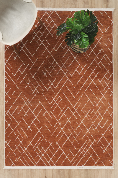 CEYLAN TEKSTİL Modern Şönil Kilim Kiremit Rengi Çizgili Desenli Kaymaz Taban ...