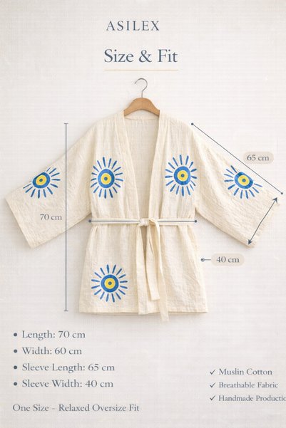 Asilex Home Collection Handmade Muslin Kimono Shorts Set, Evil Eye, Sun Design, Oversize Fit, Breathable Cotton Summer